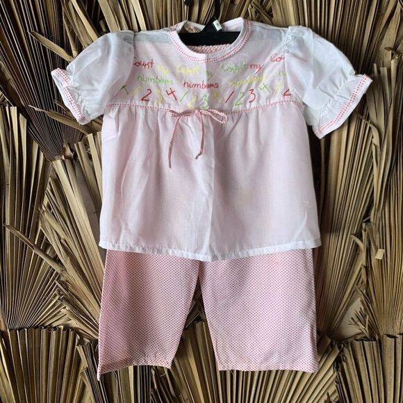 Vintage Kids's Polka Dot Pants Set Red 3T Puff Sleeves Embroidered Numbers - Picture 2 of 8